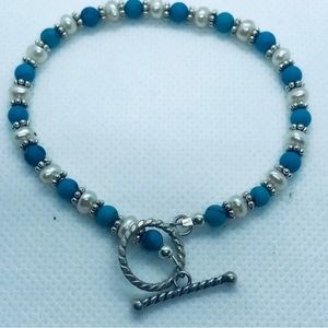 Silver, Vintage Pearl, Turquoise & Rondelles Toggle Bracelet, 7 3/4” Long